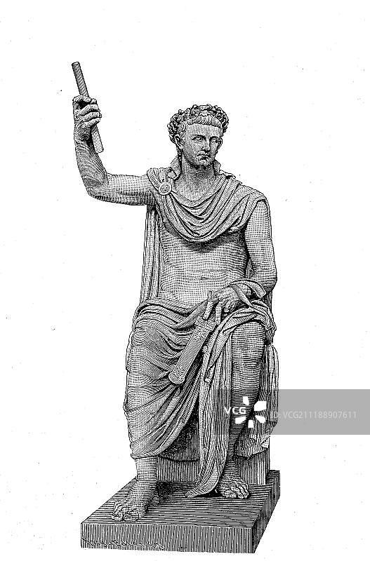 1880年，罗马梵蒂冈博物馆的古大理石提比略雕像，木刻，意大利，欧洲图片素材