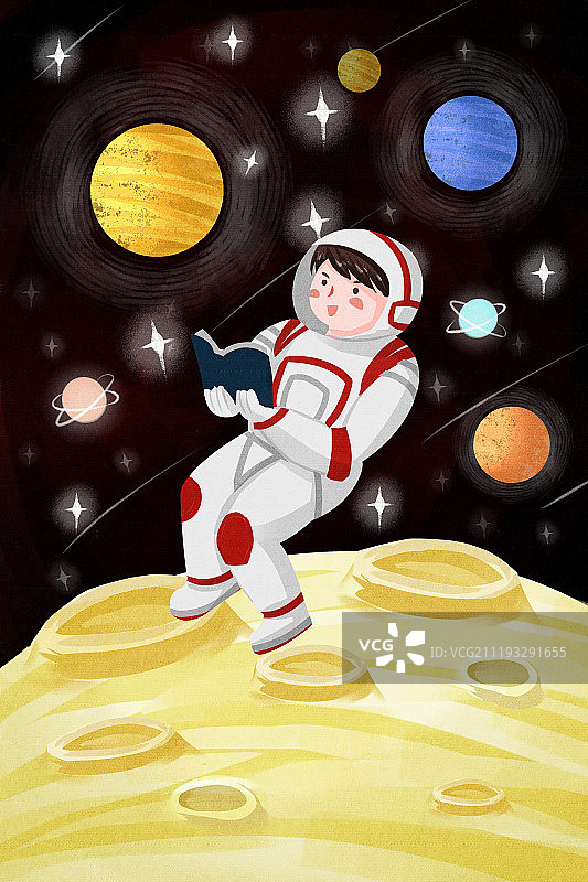 小清新可爱风格宇航员太空中看书图片素材