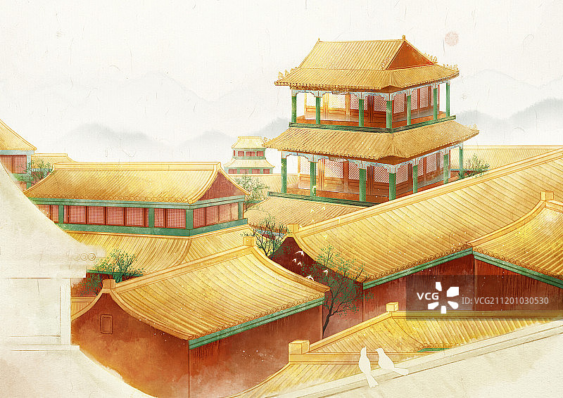 中国风水墨古风建筑故宫插画图片素材