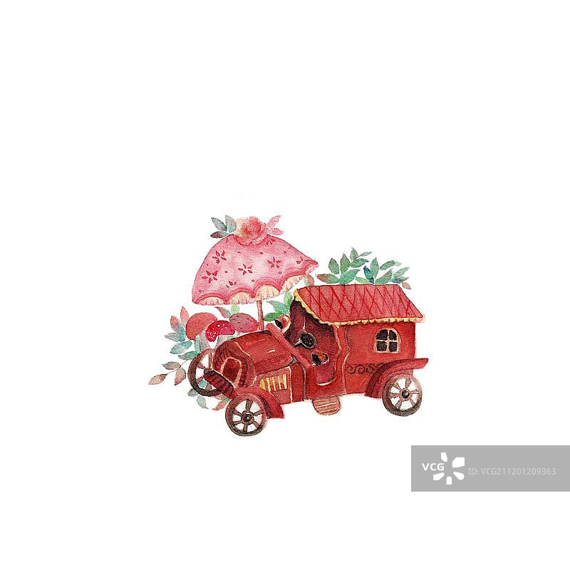 清新水彩手绘的红色复古玩具马车和小花伞图片素材