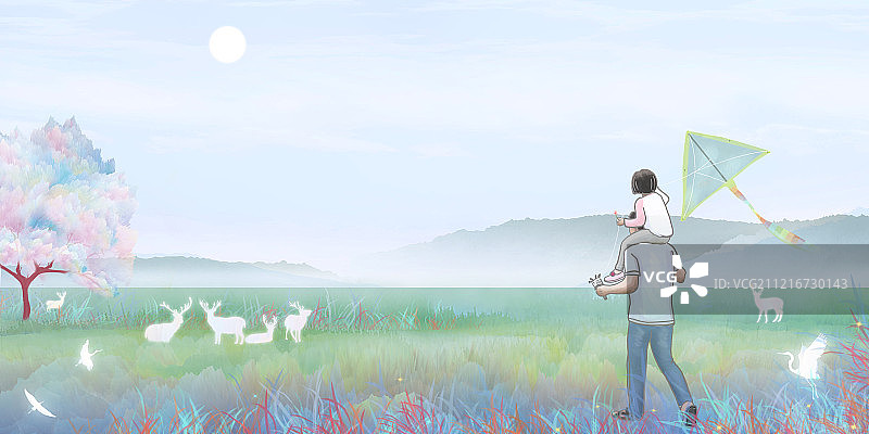 夏天晴朗天空下，父亲带着女儿在户外森林的草地上放风筝插画背景图片素材