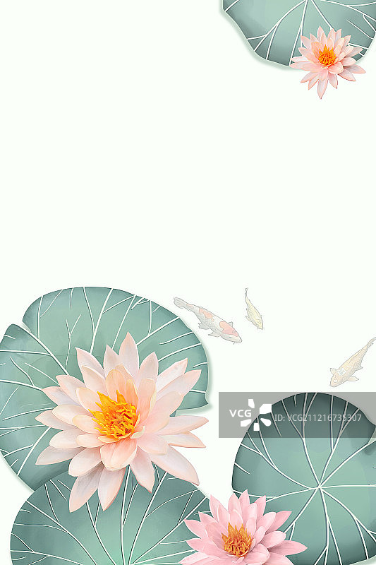 凉爽夏天荷花在池塘里绽放，锦鲤在游泳中国风工笔画海报背景插画图片素材