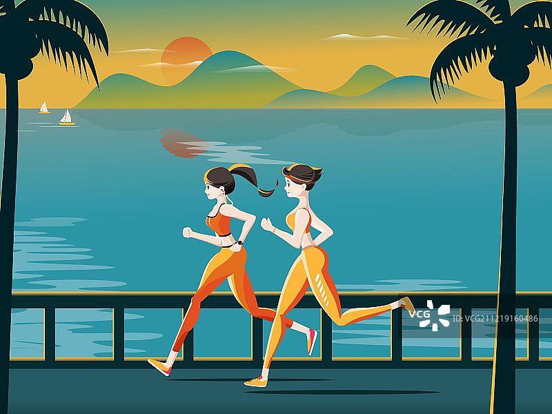 两个女孩海边跑步侧面矢量图图片素材