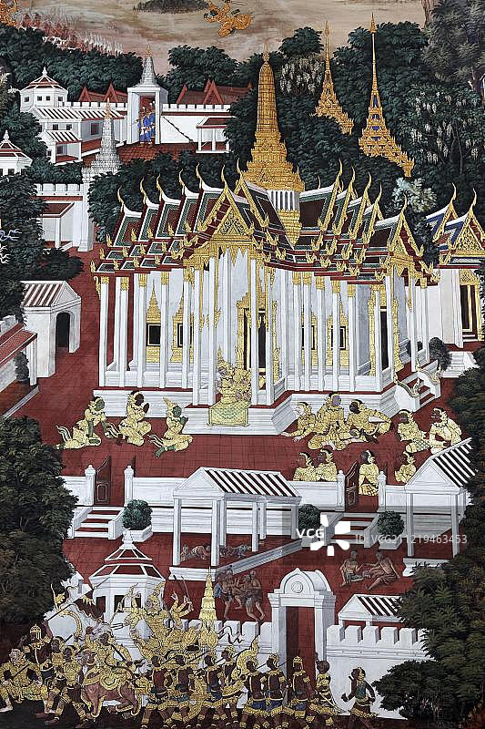 佛教寺庙与场景从拉马基亚，Wat Phra Kaeo壁画，Ko Ratanakosin，曼谷，泰国，亚洲图片素材