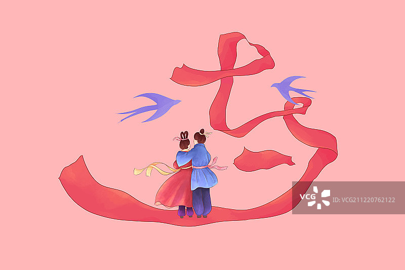 七夕丝带情人节插画粉色2图片素材