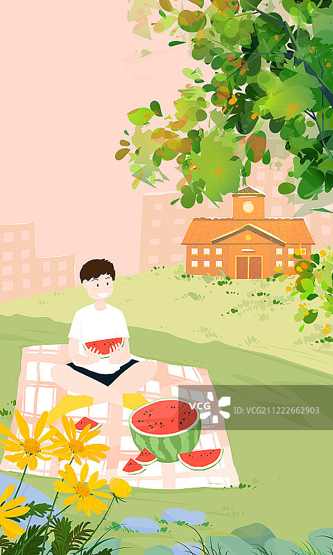 24节气插画小暑草地野餐图片素材