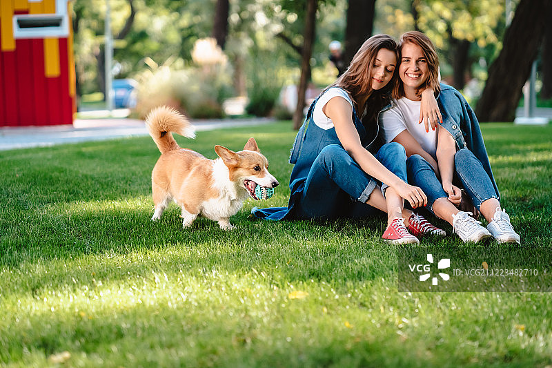 两个女性朋友在公园里和小狗玩图片素材