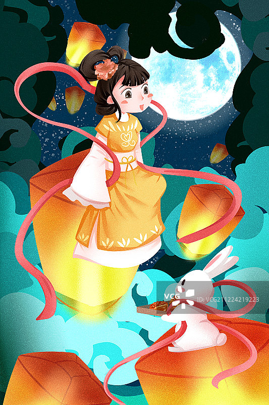 中国风中秋节嫦娥与玉兔放天灯插画图片素材