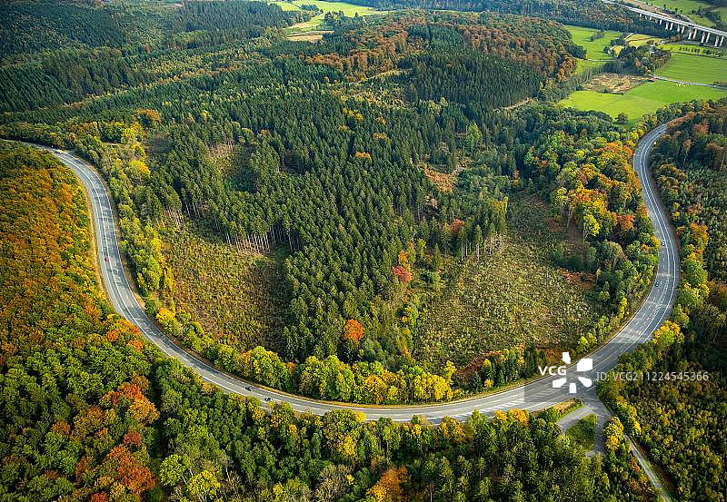 在德国，欧洲，北莱茵-威斯特伐利亚，Sauerland, Arnsberg森林的细长弯曲图片素材