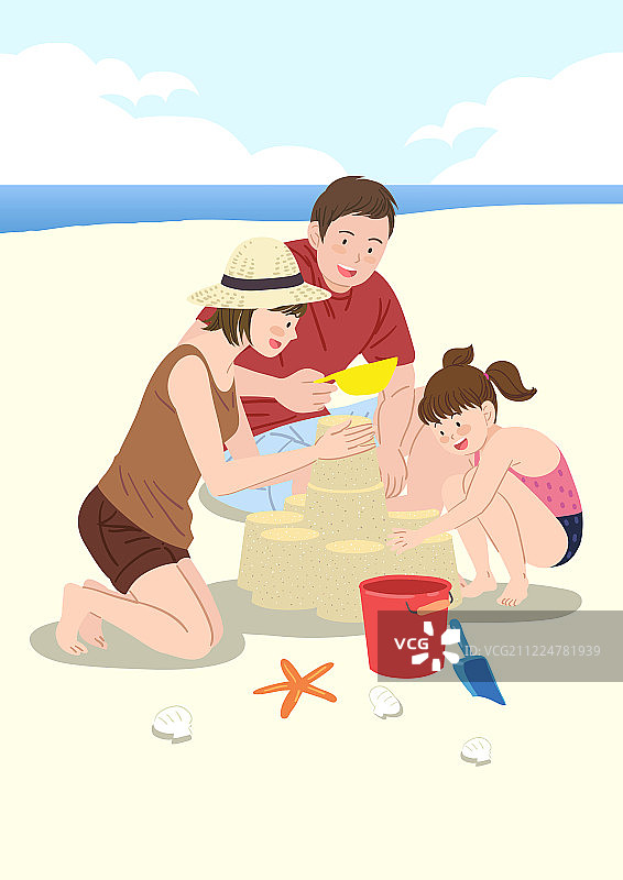 家庭幸福、和睦、父母,孩子,快乐,大海,沙滩,沙塔,海星图片素材