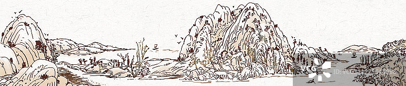 水墨山水双色复古中国风山川河流图图片素材
