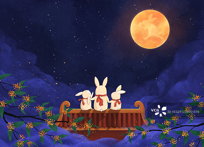 中秋之夜赏月的兔子插画2图片素材