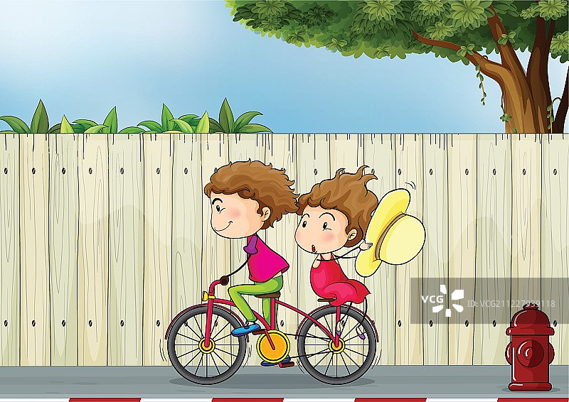 一个女孩和一个男孩骑自行车图片素材