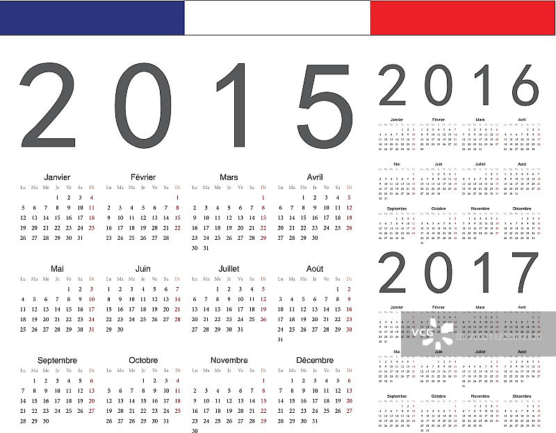 法国2015年，2016年，2017年矢量日历图片素材