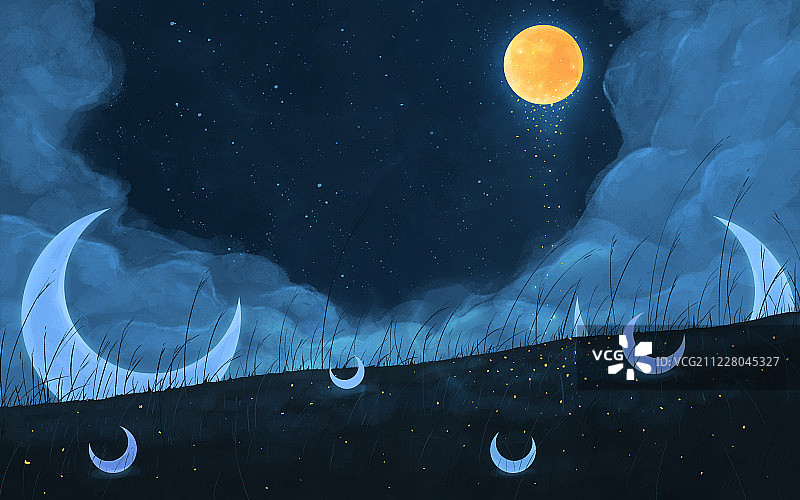 夜晚的山坡上散落的弯月场景插画图片素材