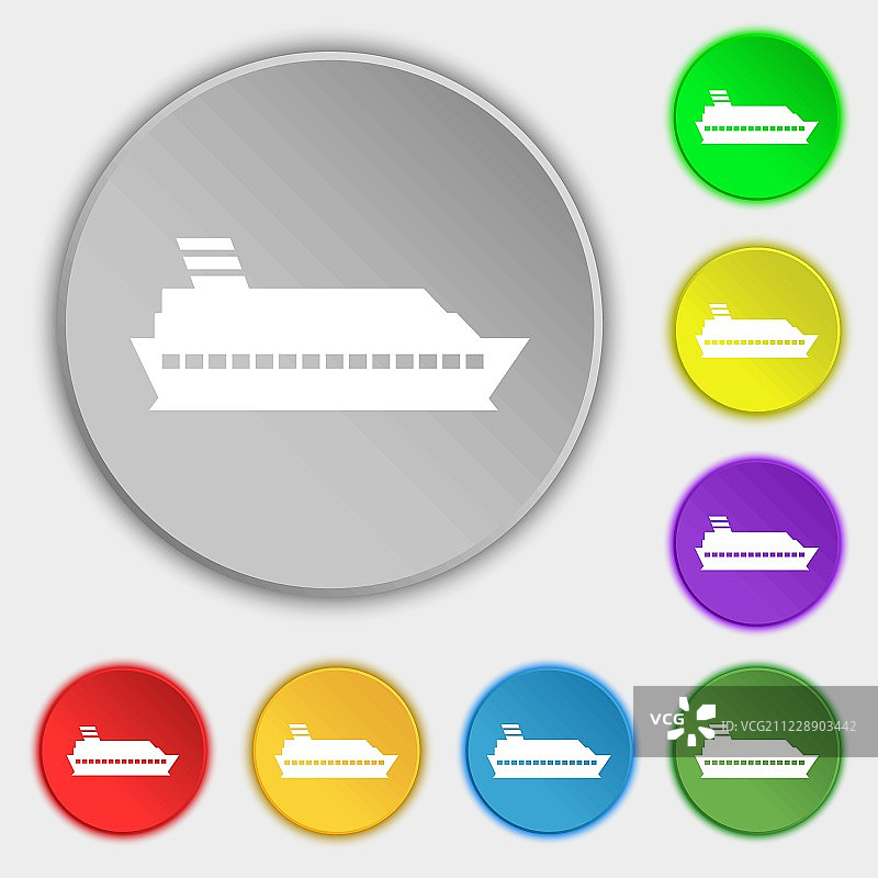 邮轮海船图标标志。符号在八个平面按钮上。向量图片素材