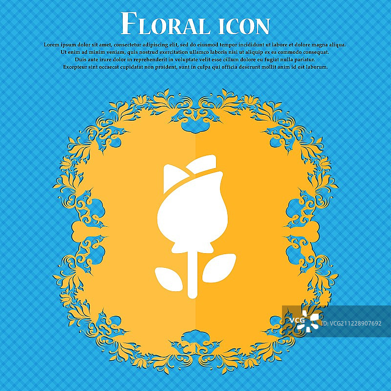 玫瑰图标符号。花卉平面设计的蓝色抽象背景与地方为您的文本。向量图片素材