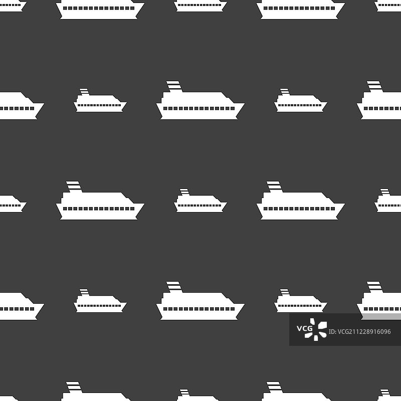 邮轮海船图标标志。灰色背景上的无缝模式。向量图片素材