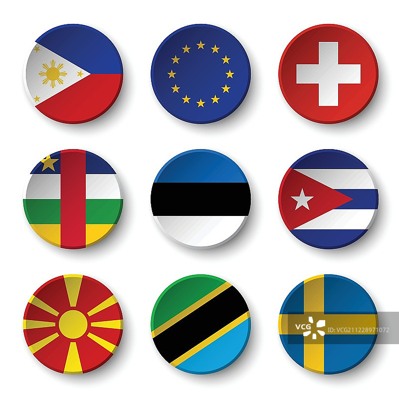 一套世界国旗环绕徽章(菲律宾。欧洲联盟。瑞士。中非共和国。爱沙尼亚。古巴。马其顿。坦桑尼亚。瑞典)图片素材