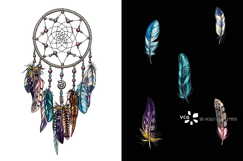 手绘华丽的捕梦网，有羽毛，宝石。卡片有艺术、占星术、灵性、魔术符号。少数民族部落元素图片素材