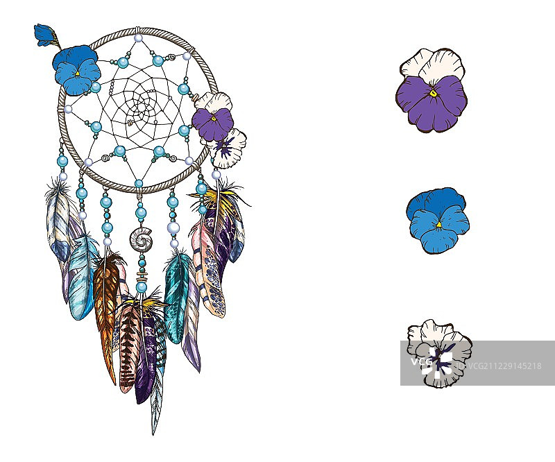 手绘华丽的捕梦网与蓝色和紫色的野花占星术，灵性，魔法象征。少数民族部落元素。图片素材