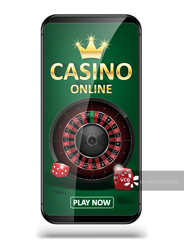 网上互联网赌场营销横幅。手机应用与骰子，扑克和轮盘赌轮。玩网络扑克和赌博游戏。矢量图图片素材