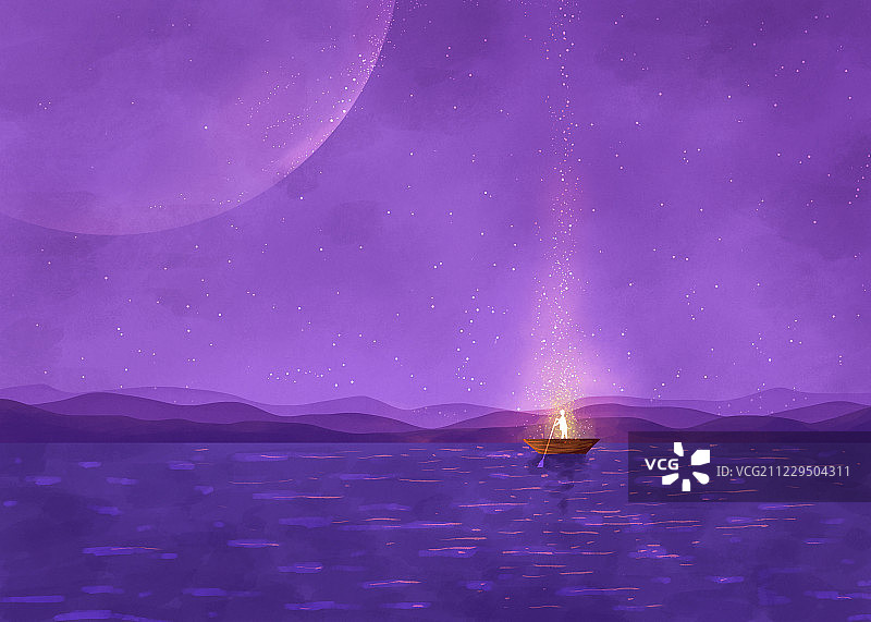 海面上划船的人插画紫色2图片素材