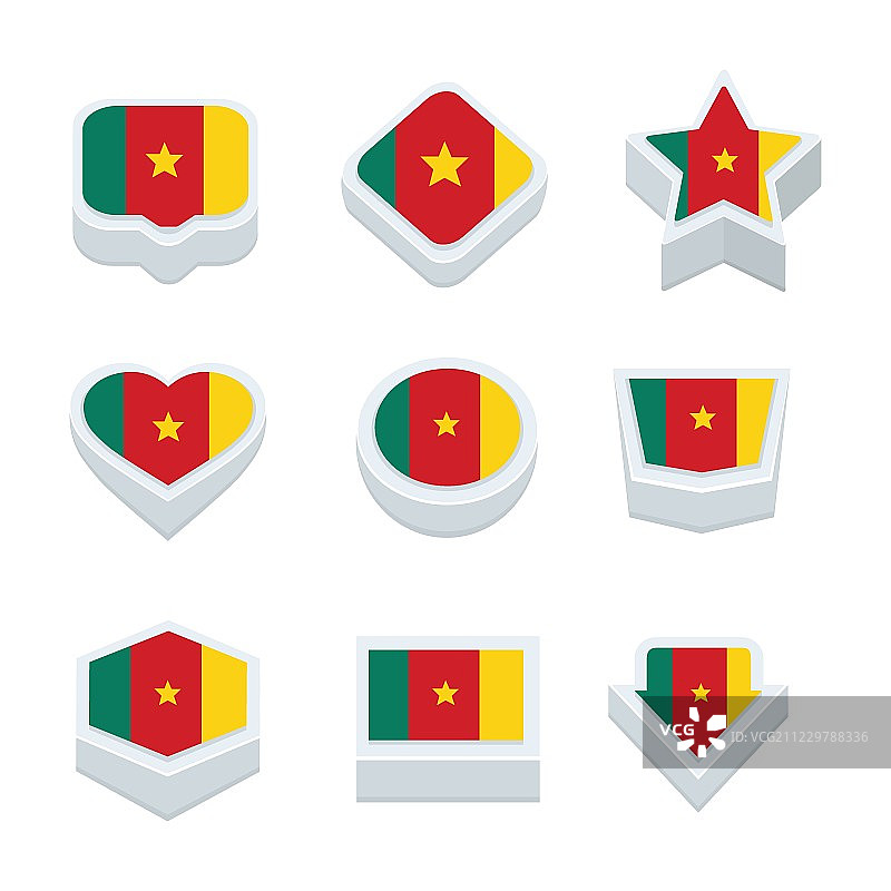 喀麦隆旗帜图标和按钮设置9种风格图片素材