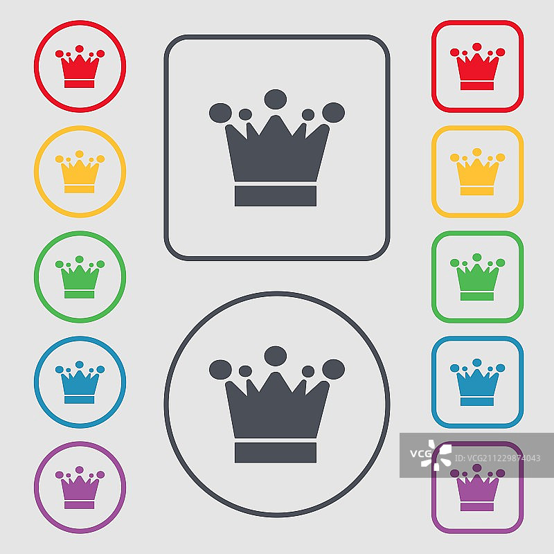 皇冠图标符号。带有框架的圆形和方形按钮上的符号。向量图片素材