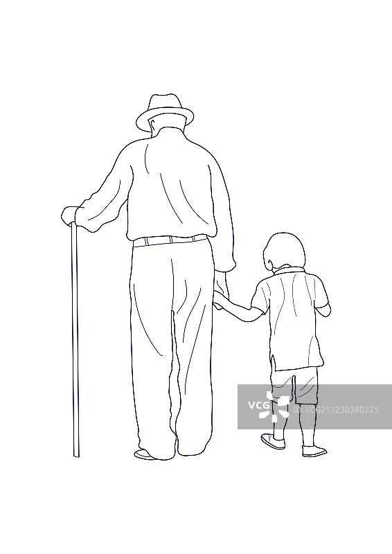 拄着拐杖的爷爷牵着孙子慢慢前行的背影——矢量线稿图片素材