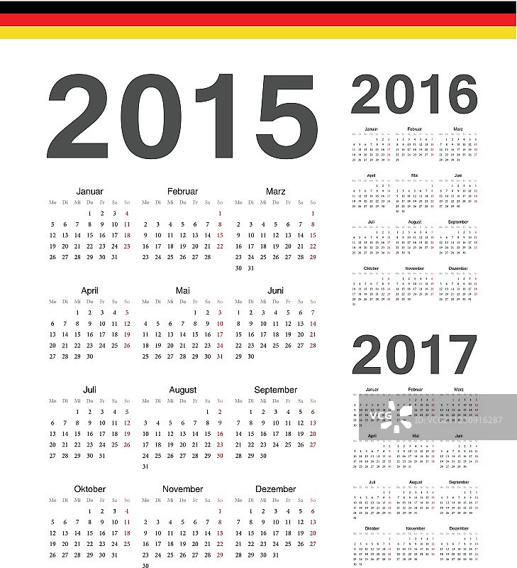德国2015年，2016年，2017年矢量日历图片素材