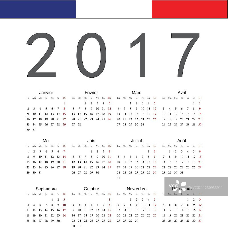 简单的法国2017年矢量日历图片素材