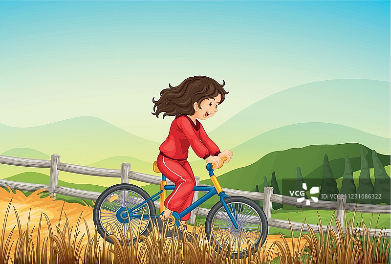 一个女孩在农场骑自行车图片素材