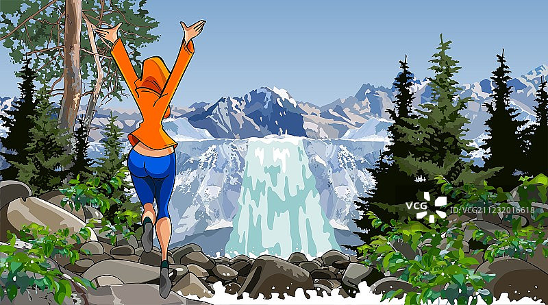 卡通女子在瀑布附近跳图片素材