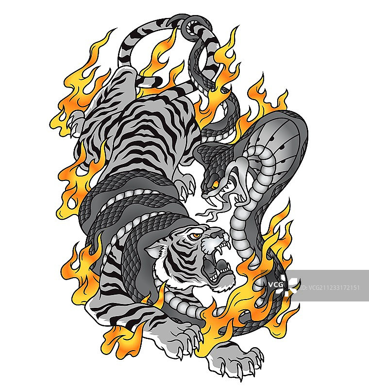 老虎与眼镜蛇和火纹身图案图片素材