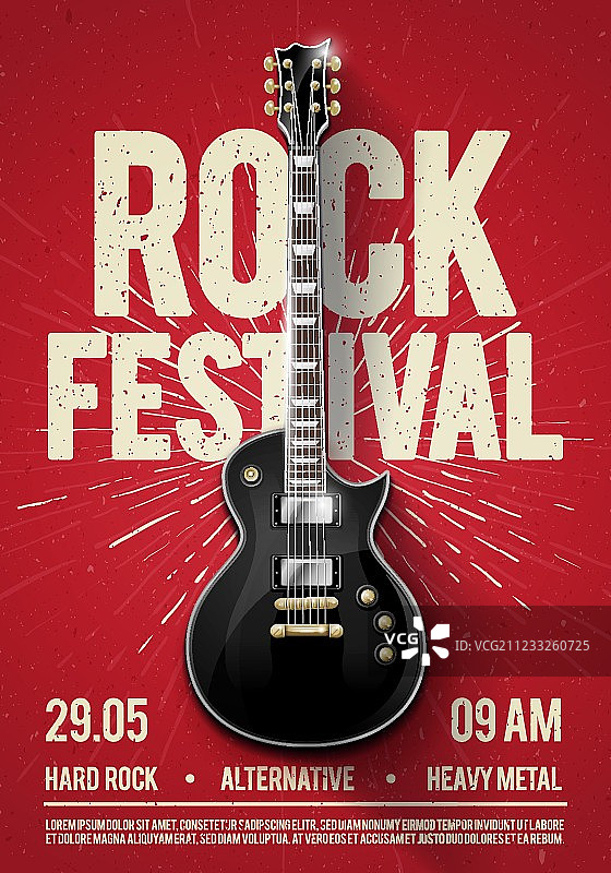 矢量插图红摇滚音乐节音乐会派对传单或海报设计模板与吉他，放置文本和酷的效果在背景图片素材