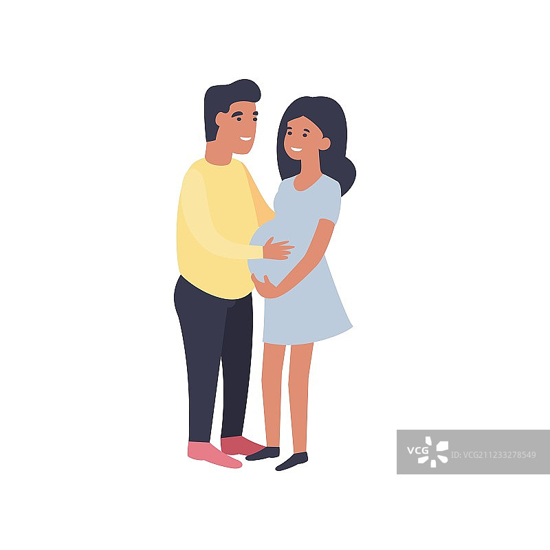 幸福的夫妻。男人拥抱孕妇，抚摸她的腹部。怀孕和生育。可爱的扁平卡通人物孤立在白色的背景。图片素材