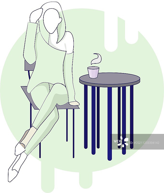 女孩坐在桌子旁喝咖啡。图片素材