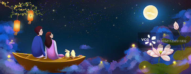 中秋节之夜坐在船上的恋人望着月亮 有荷花和灯笼中秋节插画图片素材