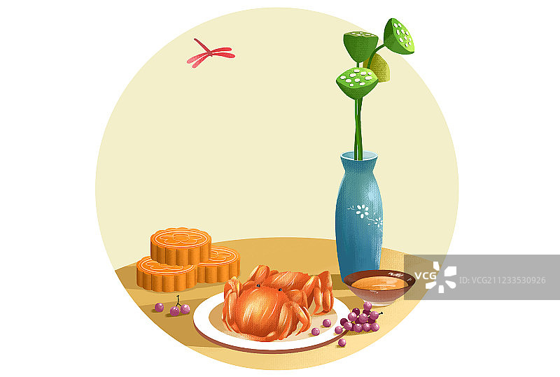 中秋节插画螃蟹月饼和黄酒图片素材