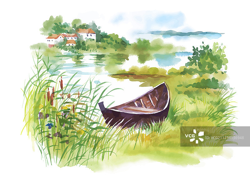 水彩画带船的乡村景观图片素材