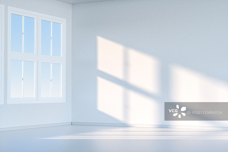明亮的毛坯房与窗口的阳光，三维渲染图片素材