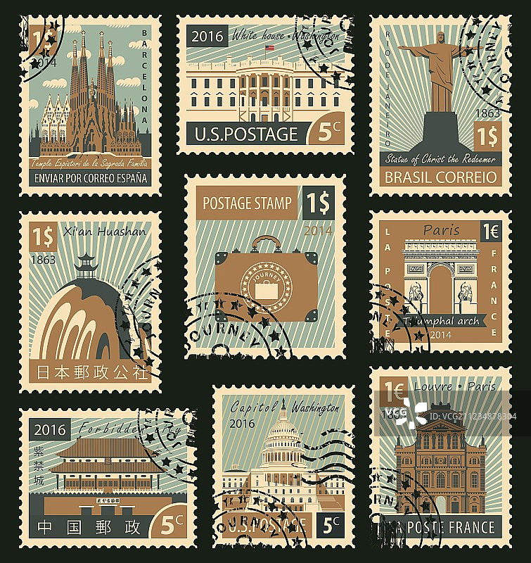 邮票有不同的建筑景点图片素材