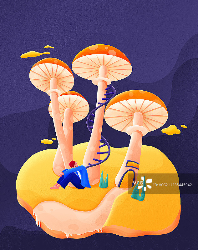 金色的秋天里 红色头发的蓝衣男孩抱膝坐在巨大的蘑菇房子下插画图片素材