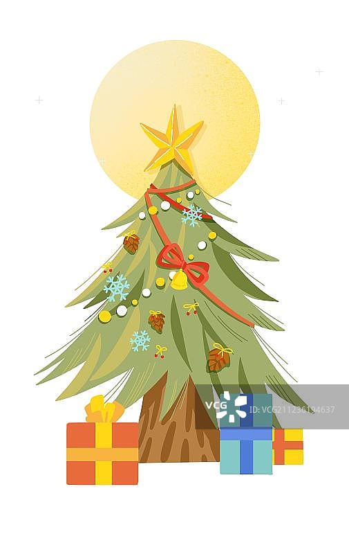 月亮下堆满礼物的圣诞树插画元素图片素材