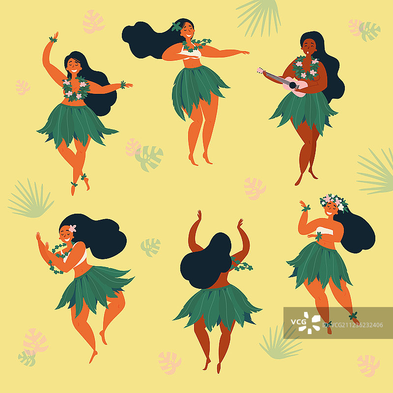 美丽的夏威夷女孩跳舞草裙舞和尤克里里图片素材