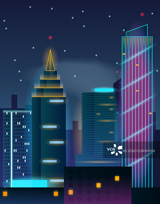 夜城高楼大厦在霓虹灯下闪烁图片素材