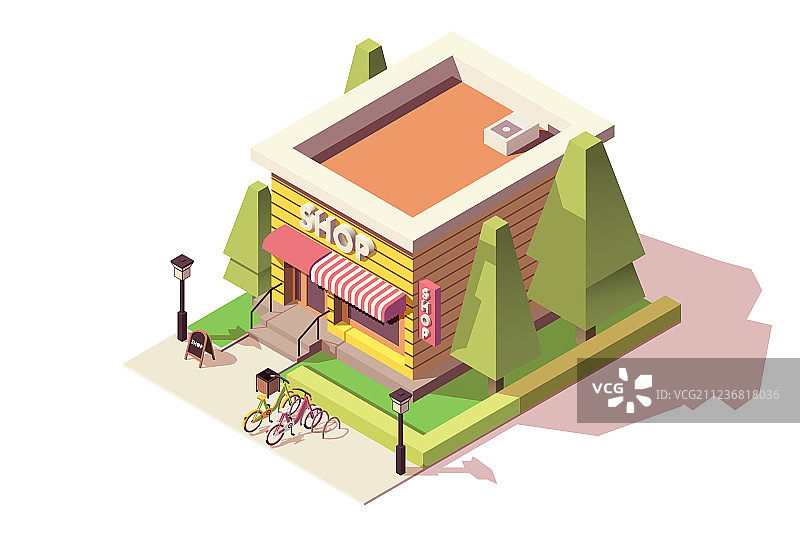 有自行车停车场和树篱的小商店图片素材