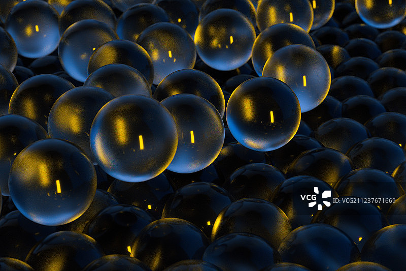 地面上洒落的大量透明玻璃球，三维渲染图片素材