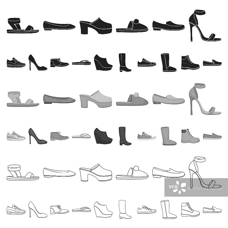 各种鞋子卡通图标在集合图片素材